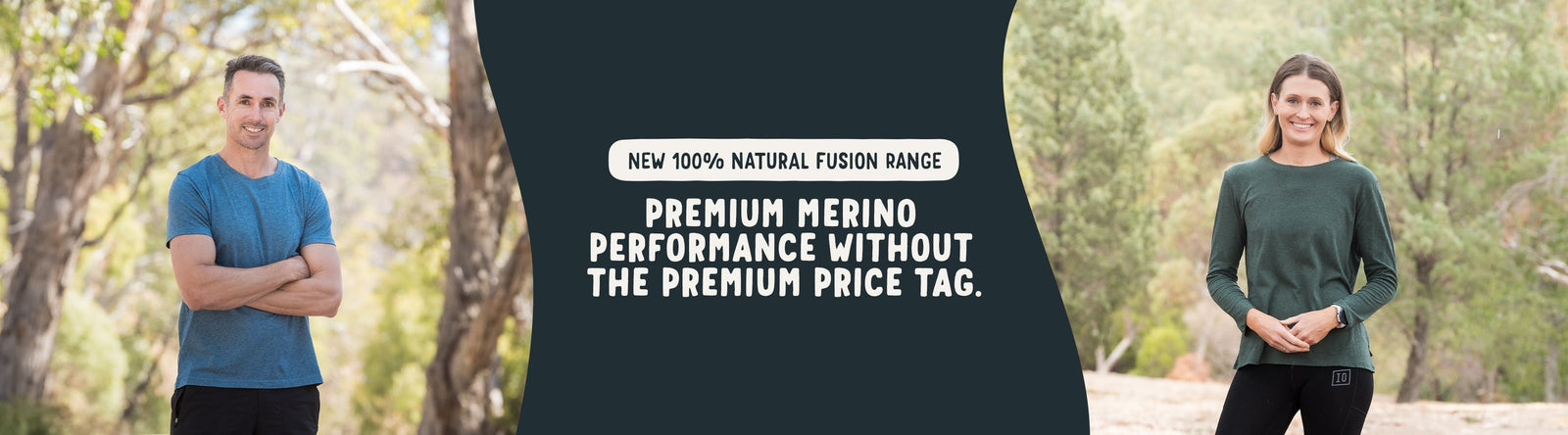 Man in a short sleeve tee and woman in a long sleeve top in the new Fusion range of product