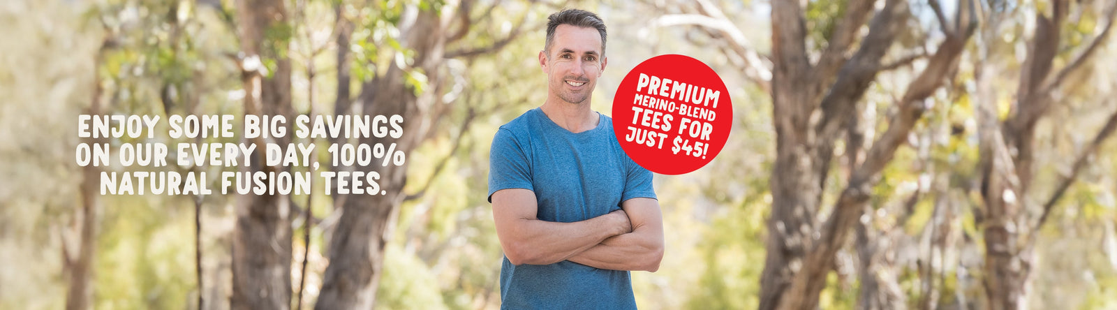 Man in a short sleeve tee and woman in a long sleeve top in the new Fusion range of product